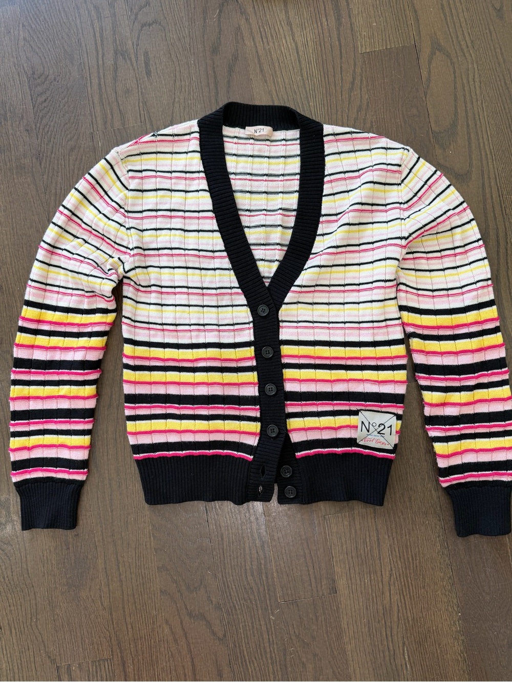 N°21 Striped V-Neck Button Cardigan in Black, Pink & Yellow